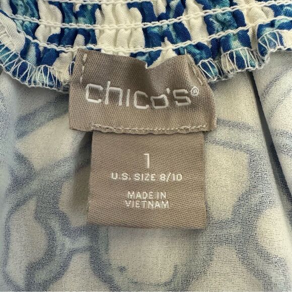 Chicos Off The Shoulder Maxi Dress Blue White Geometric Print Elastic Waist Sz 8 - Picture 5 of 8